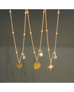 Fashion Hexagram Leaves Heart Shape Pearl Plating Pendant Stainless Steel Necklace Colorza