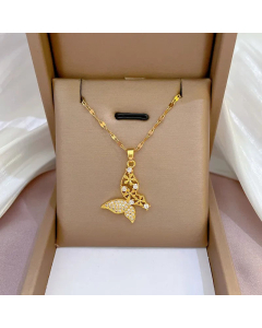 Fashion Plating Hollow Out Inlay Zircon Butterfly Titanium Steel Pendant Necklace Colorza