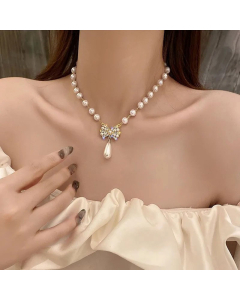 Fashion Bow Knot Stainless Steel Inlay Pearl Pendant Necklace Colorza