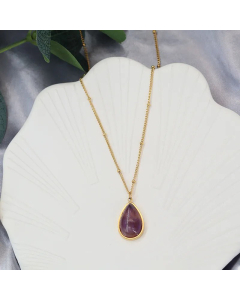 Classic Water Droplets Inlay Natural Stone Titanium Steel Plating Pendant Necklace Colorza