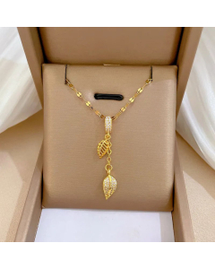 Hollow Out Inlay Zircon Leaves Stainless Steel Plating Pendant Necklace Colorza