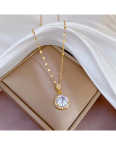 French Style Inlay Zircon Round Titanium Steel Plating Pendant Necklace Colorza
