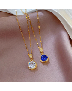 French Style Inlay Zircon Round Titanium Steel Plating Pendant Necklace Colorza