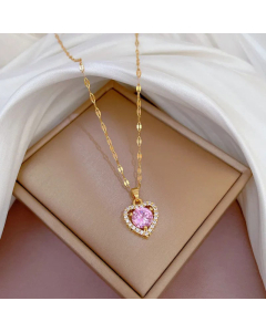 Hollow Out Heart Shape Plating Inlay Zircon Pendant Titanium Steel Necklace Colorza