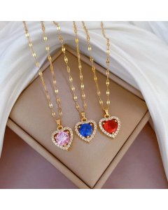 Hollow Out Heart Shape Plating Inlay Zircon Pendant Titanium Steel Necklace Colorza