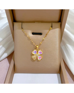 Fashion Four Leaf Clover Plating Inlay Rhinestones Pendant Stainless Steel Necklace Colorza