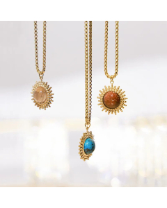 Retro Oval Inlay Natural Stone Titanium Steel Pendant Necklace Colorza