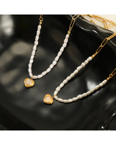 Retro Heart Shape Inlay Artificial Pearls Stainless Steel Necklace Colorza