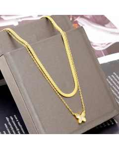 Fashion Layered Butterfly Inlay Shell Pendent Titanium Steel Necklaces Colorza
