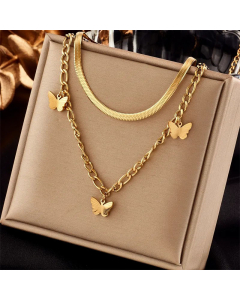 French Style Gold Plated Butterfly Titanium Steel Layered Necklaces Colorza