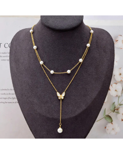 Sweet Butterfly Inlay Artificial Pearls Shell Titanium Steel Pendant Necklace Colorza