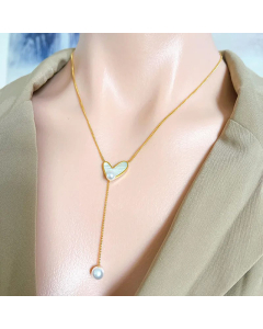 Fashion Heart Shape Inlay Artificial Pearls Shell Titanium Steel Pendant Necklace Colorza