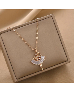 Fashion Plating Inlay Zircon Ballet Girl Titanium Steel Pendant Necklace Colorza