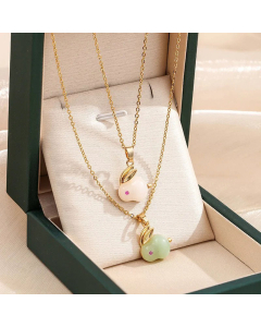 Cute Jade Hare Plating Inlay Artificial Gemstones Rhinestones Pendant Titanium Steel Necklace Colorza
