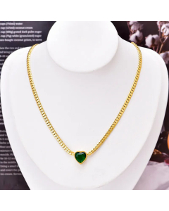 Minimalsim Inlay Zircon Heart Shape Titanium Steel Pendant Necklace Colorza -01-Green