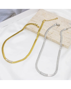 Fashion Inlay Zircon Square Choker Stainless Steel Necklace Colorza-Steel Color-White