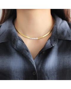 Fashion Inlay Zircon Square Choker Stainless Steel Necklace Colorza-Gold Color-White