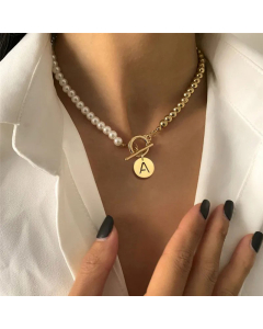 OT Buckle Beads Chain Round Letter Pendend Stainless Steel Necklace Colorza