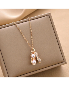 Fashion Zircon Inlaid Peanut Titanium Steel Inlay Artificial Pearls Pendant Necklace