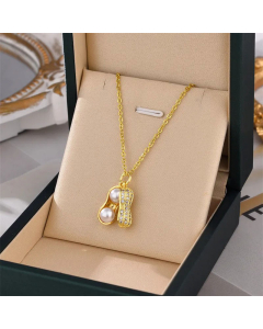 Fashion Zircon Inlaid Peanut Titanium Steel Inlay Artificial Pearls Pendant Necklace