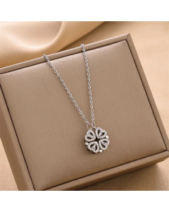 Refined Plating Inlay Rhinestones Four Leaf Clover Titanium Steel Pendant Necklace Colorza