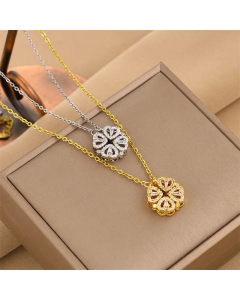 Refined Plating Inlay Rhinestones Four Leaf Clover Titanium Steel Pendant Necklace Colorza