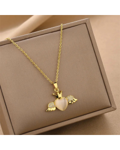 Fashion Inlay Rhinestones Opal Heart Shape Wings Titanium Steel Necklace Colorza