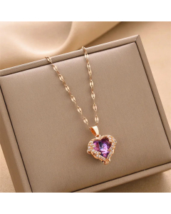 Fashion Heart Shape Inlay Rhinestones Pendant Titanium Steel Plating Necklace Colorza