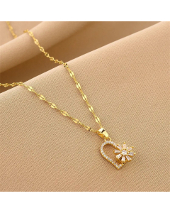 Sweet  Plating Inlay Rhinestones Heart Shape Flower Titanium Steel Pendant Necklace Colorza