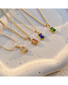 Retro Square Inlay Artificial Gemstones Pendant Titanium Steel Necklace Colorza