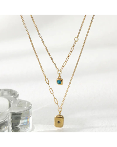 Fashion Layered Inlay Zircon Square Pendent Stainless Steel Necklaces Colorza 