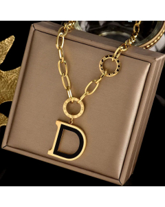 Hollow Out Round Letter Titanium Steel Plating Necklace Colorza-Gold Color-01