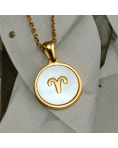 Round And Square Constellation Stainless Steel Inlay Shell Pendant Necklace Colorza-01-White-Aries