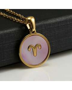 Round And Square Constellation Stainless Steel Inlay Shell Pendant Necklace Colorza-01-Pink-Aries