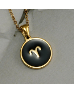 Round And Square Constellation Stainless Steel Inlay Shell Pendant Necklace Colorza-01-Black-Aries