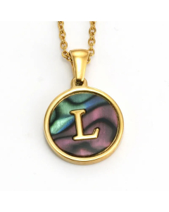 Daily Round Letter Inlay Shell Pendent Titanium Steel Plating Necklace Colorza