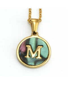 Daily Round Letter Inlay Shell Pendent Titanium Steel Plating Necklace Colorza