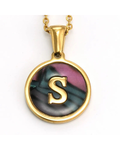 Daily Round Letter Inlay Shell Pendent Titanium Steel Plating Necklace Colorza