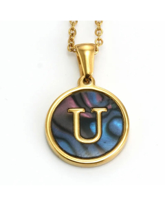 Daily Round Letter Inlay Shell Pendent Titanium Steel Plating Necklace Colorza