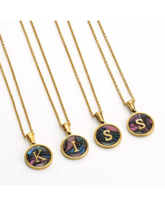 Daily Round Letter Inlay Shell Pendent Titanium Steel Plating Necklace Colorza