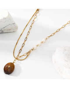 Fashion Gold Plated Pearl Star Oval Stainless Steel Pendant Necklace Colorza