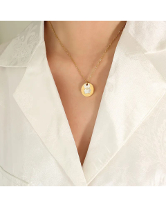 Fashion Round Inlay Shell Zircon Titanium Steel Pendant Necklace Colorza