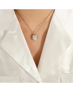 Fashion Round Inlay Shell Zircon Titanium Steel Pendant Necklace Colorza
