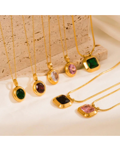 Minimalism Square Round Gold Plated Rhinestones Stainless Steel Pendant Necklace Colorza