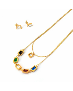 Colorful Crystals Gold Necklace And Earring Suit Layered Titanium Steel Necklaces 1 Set