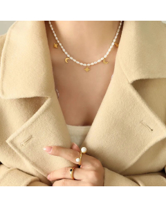 French Style Gold Plated Star Moon Artificial Pearls Titanium Steel Beaded Choker Colorza