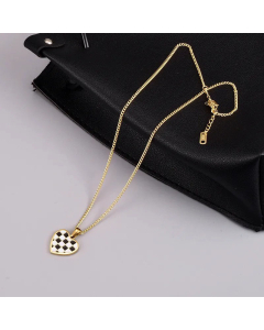 Enamel Gold Plated Heart Square Checkered Titanium Steel Pendant Necklace Colorza