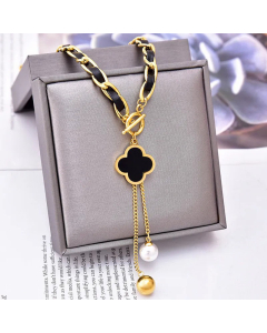 Fashion Four Leaf Clover Heart Shape Inlay Artificial Pearls Pendant Titanium Steel Necklace Colorza