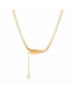 Enamel Gold Plated Artificial Pearls Turquoise Leaf Feather Titanium Steel Pendant Necklace Colorza