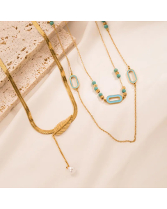 Enamel Gold Plated Artificial Pearls Turquoise Leaf Feather Titanium Steel Pendant Necklace Colorza